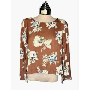 ASTR The Label‎ Blouse Brown White Floral Bell Sleeve Scoop Top Women's Sz XS